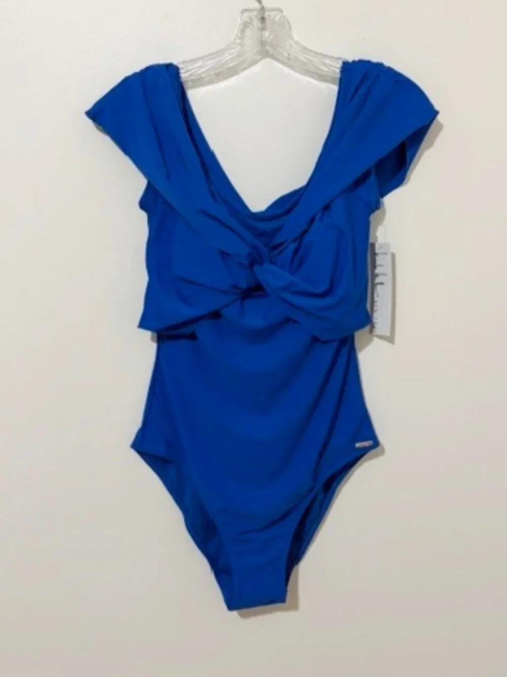 Nicole Miller Blue Off-the-Shoulder Twist Front One Piece Swimsuit Size L